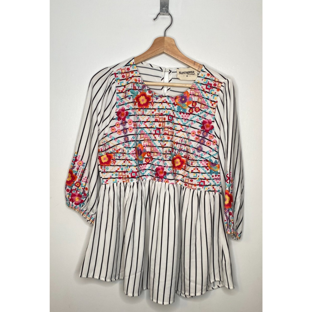 Savanna Jane Embroidered Boho Top Women's Floral Striped Peplum Blouse Size M